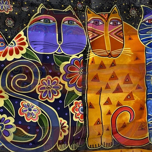 Vintage Laurel Burch Feline Family Portrait Multicolor Silk Scarf